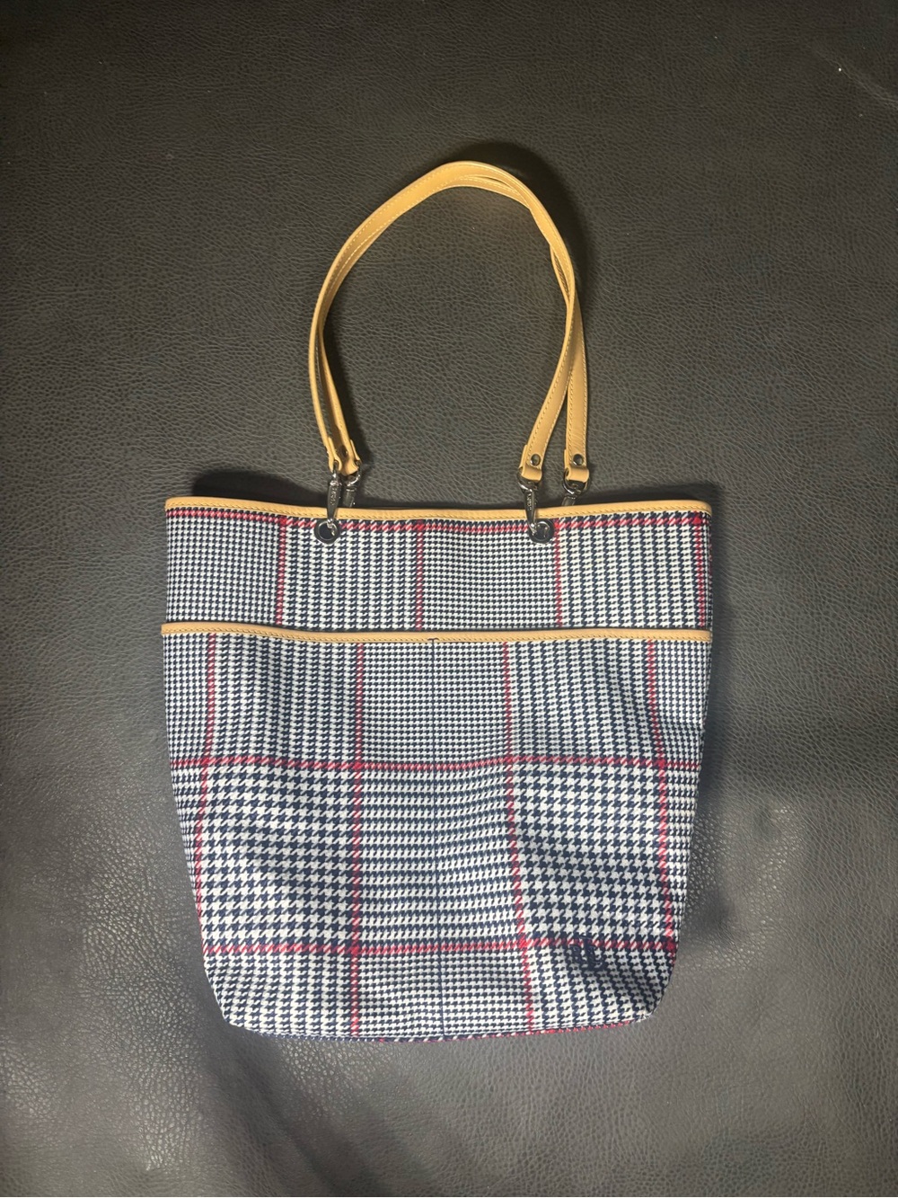 Lauren Ralph Lauren Houndstooth Plaid shoulder Tote Bag Blue Tan RL Monogram - Picture 2 of 13
